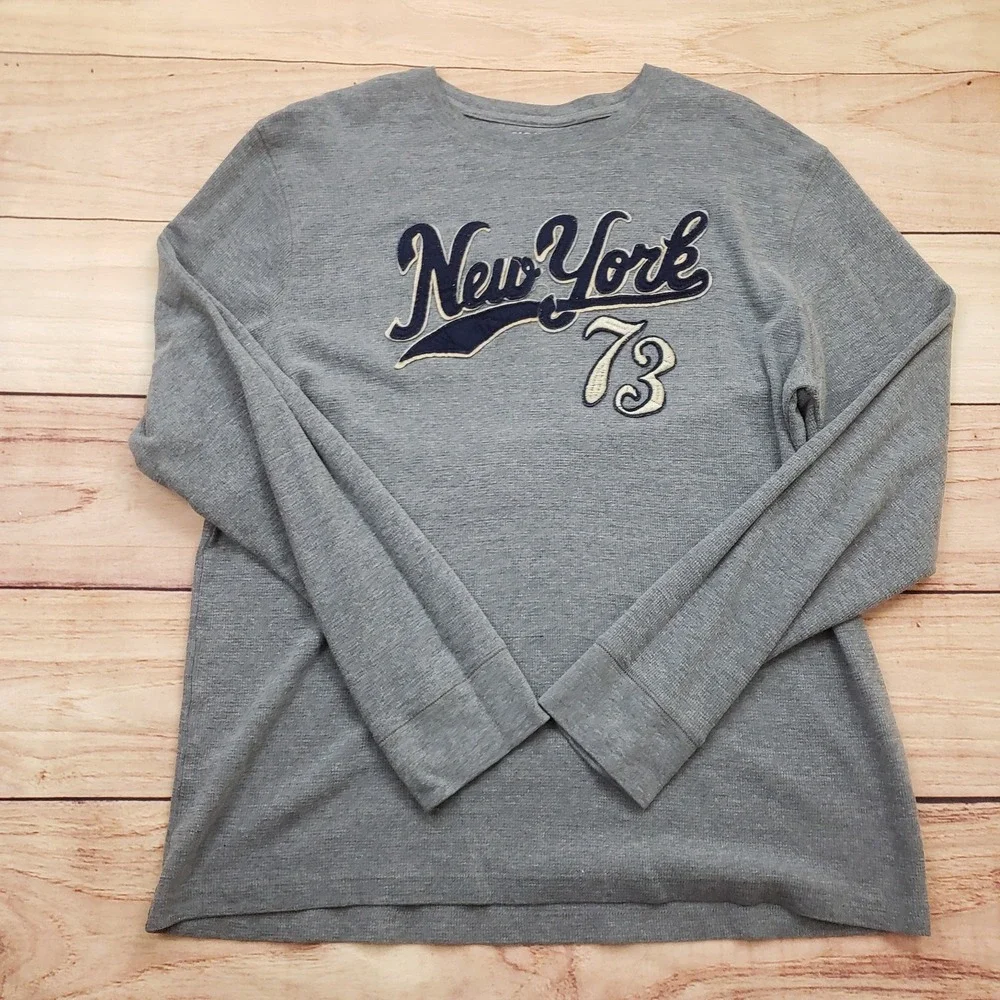 Old Navy Shirt Mens XL Gray Blue Long Sleeve New York Thermal Cotton Casual‎